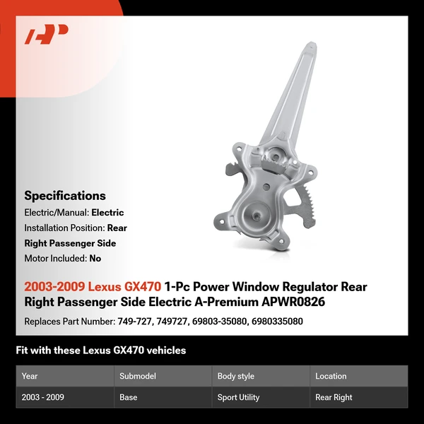 2003-2009 Lexus GX470 1-Pc Power Window Regulator Rear Right Passenger Side Electric A-Premium APWR0826