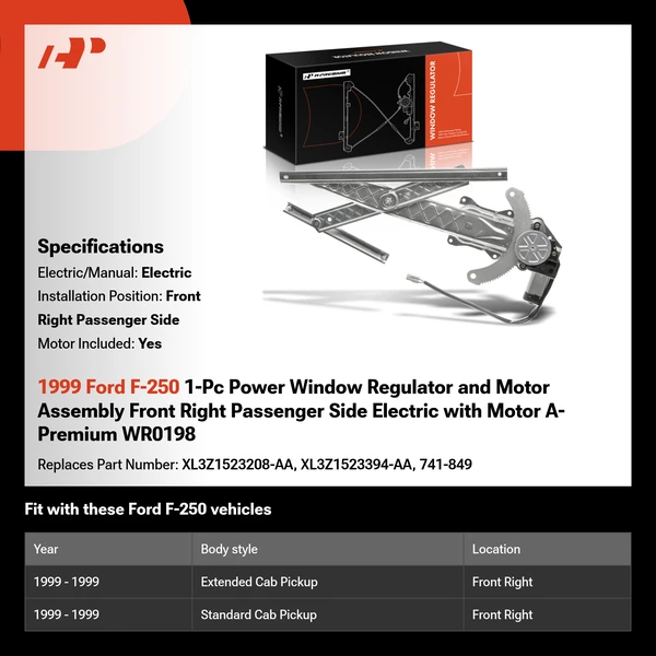 1999 Ford F-250 1-Pc Power Window Regulator and Motor Assembly Front Right Passenger Side Electric with Motor A-Premium WR0198