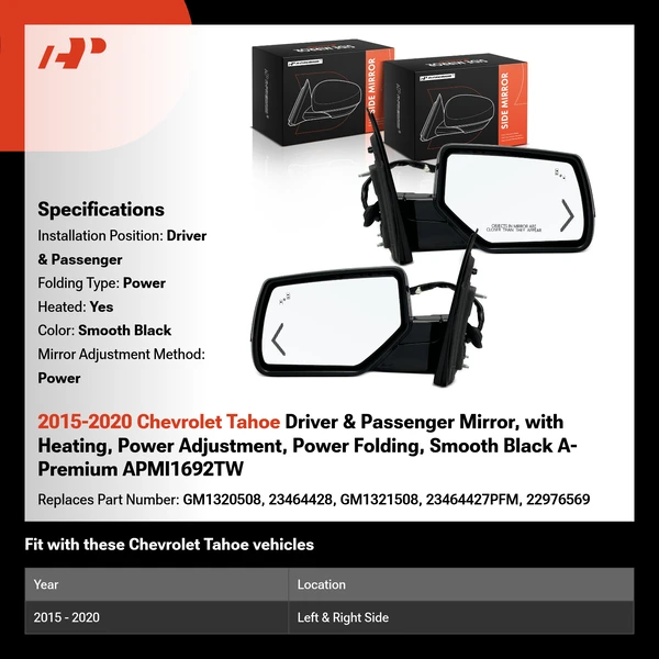 2015-2020 Chevrolet Tahoe Driver & Passenger Mirror, with Heating, Power Adjustment, Power Folding, Smooth Black A-Premium APMI1692TW