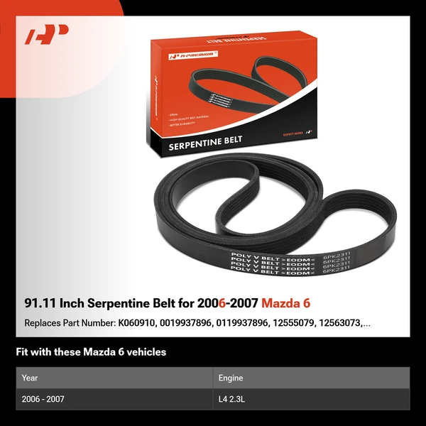 91.11 Inch Serpentine Belt for 2006-2007 Mazda 6