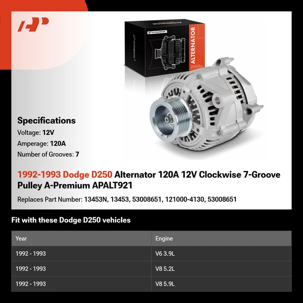 1992-1993 Dodge D250 Alternator 120A 12V Clockwise 7-Groove Pulley A-Premium APALT921