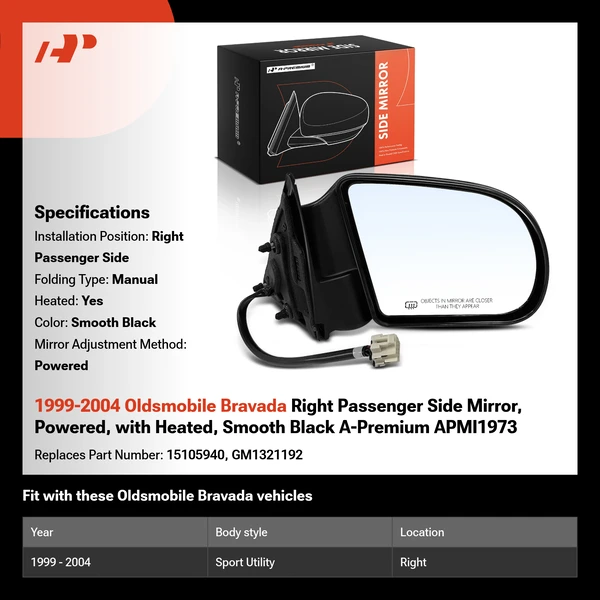 1999-2004 Oldsmobile Bravada Right Passenger Side Mirror, Powered, with Heated, Smooth Black A-Premium APMI1973