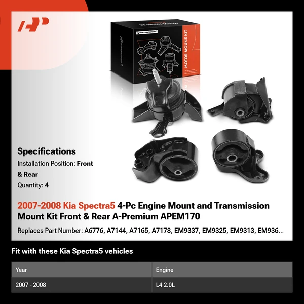 2007-2008 Kia Spectra5 4-Pc Engine Mount and Transmission Mount Kit Front & Rear A-Premium APEM170