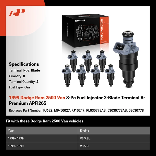1999 Dodge Ram 2500 Van 8-Pc Fuel Injector 2-Blade Terminal A-Premium APFI265