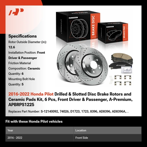 2016-2022 Honda Pilot Drilled & Slotted Disc Brake Rotors and Ceramic Pads Kit, 6 Pcs, Front Driver & Passenger, A-Premium, APBRPS1225