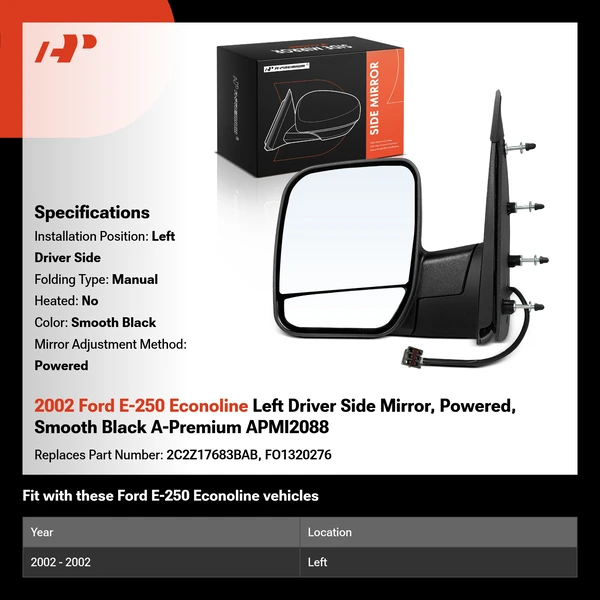 2002 Ford E-250 Econoline Left Driver Side Mirror, Powered, Smooth Black A-Premium APMI2088