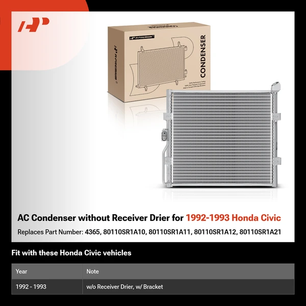 AC Condenser without Receiver Drier for 1992-1993 Honda Civic