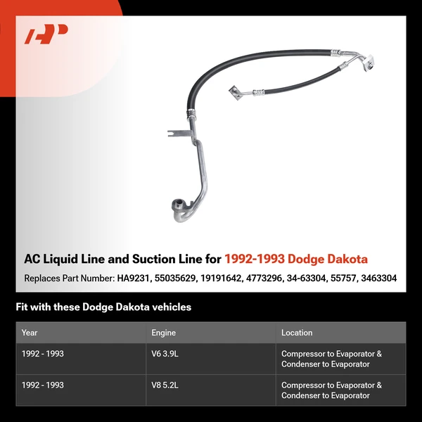 AC Liquid Line and Suction Line for 1992-1993 Dodge Dakota