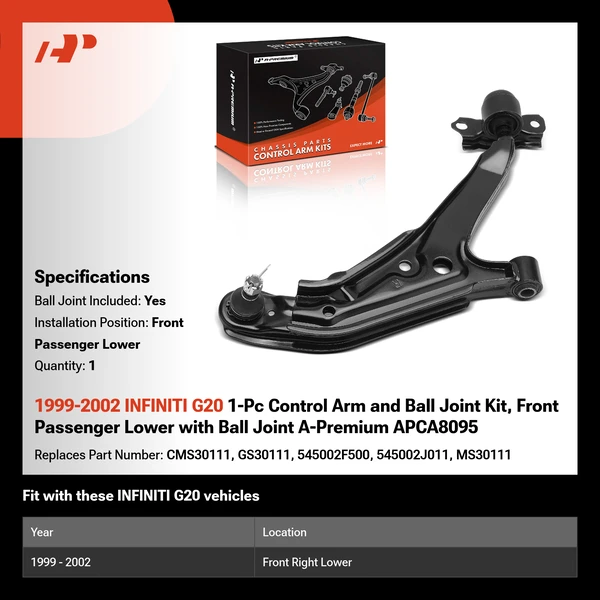 1999-2002 INFINITI G20 1-Pc Control Arm and Ball Joint Kit, Front Passenger Lower with Ball Joint A-Premium APCA8095