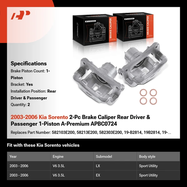 2003-2006 Kia Sorento 2-Pc Brake Caliper Rear Driver & Passenger 1-Piston A-Premium APBC0724