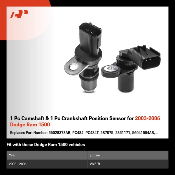 1 Pc Camshaft & 1 Pc Crankshaft Position Sensor for 2003-2006 Dodge Ram 1500