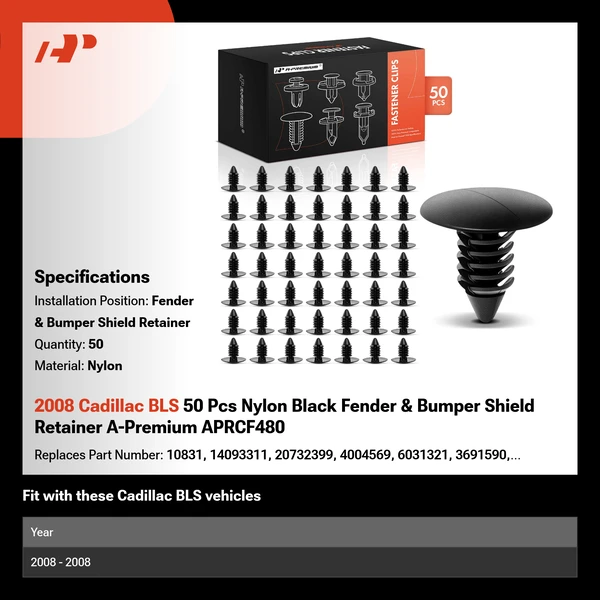 2008 Cadillac BLS 50 Pcs Nylon Black Fender & Bumper Shield Retainer A-Premium APRCF480