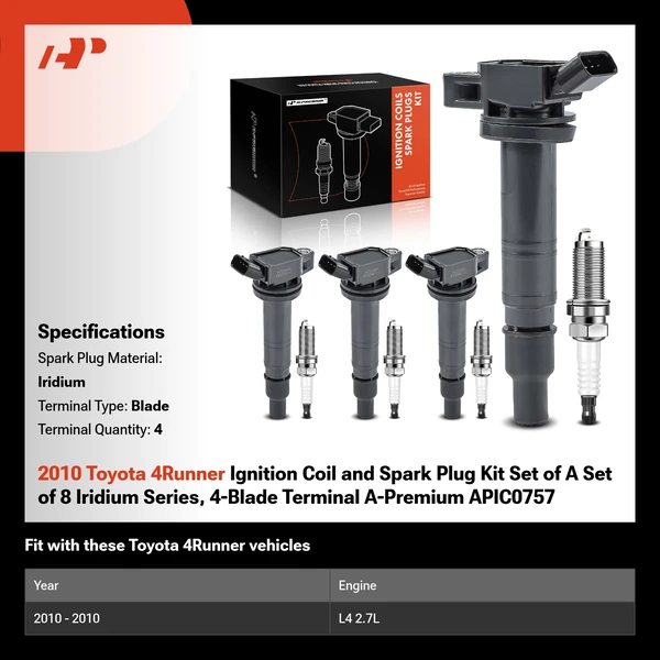 2010 Toyota 4Runner Ignition Coil and Spark Plug Kit Set of A Set of 8 Iridium Series, 4-Blade Terminal A-Premium APIC0757