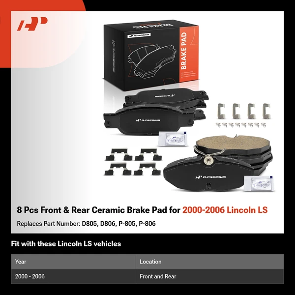8 Pcs Front & Rear Ceramic Brake Pad for 2000-2006 Lincoln LS