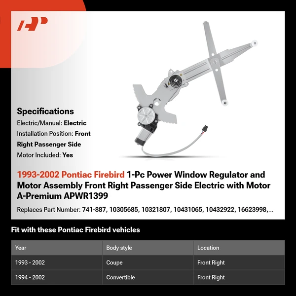 1993-2002 Pontiac Firebird 1-Pc Power Window Regulator and Motor Assembly Front Right Passenger Side Electric with Motor A-Premium APWR1399