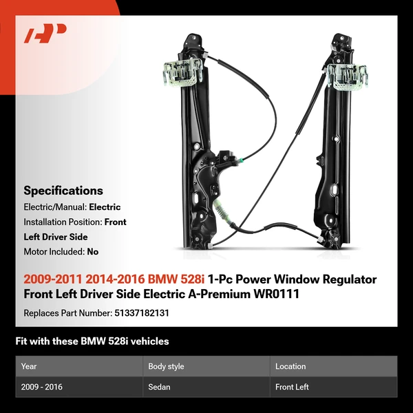 2009-2011 2014-2016 BMW 528i 1-Pc Power Window Regulator Front Left Driver Side Electric A-Premium WR0111