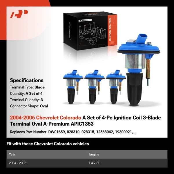 2004-2006 Chevrolet Colorado A Set of 4-Pc Ignition Coil 3-Blade Terminal Oval A-Premium APIC1353