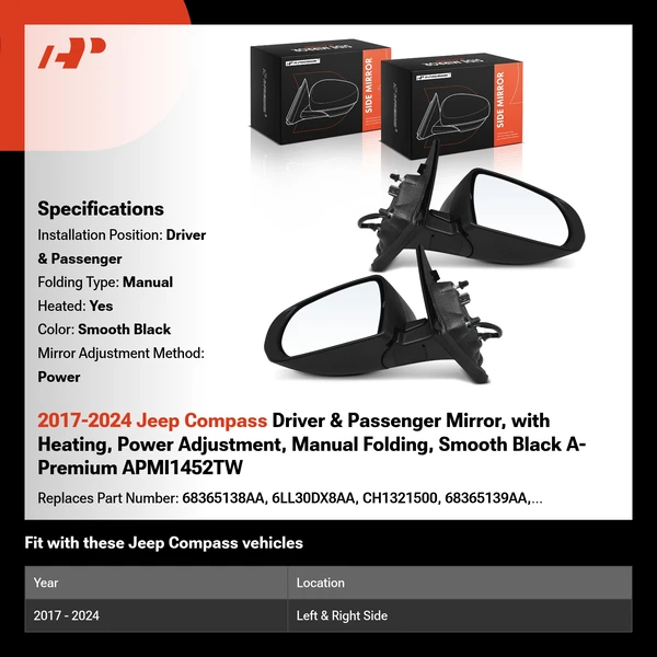 2017-2024 Jeep Compass Driver & Passenger Mirror, with Heating, Power Adjustment, Manual Folding, Smooth Black A-Premium APMI1452TW