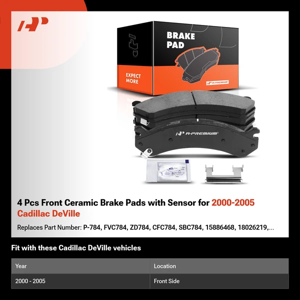 4 Pcs Front Ceramic Brake Pads with Sensor for 2000-2005 Cadillac DeVille