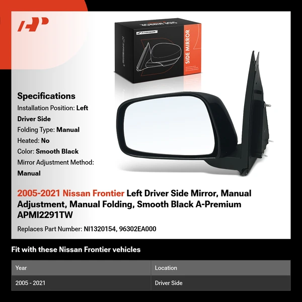 2005-2021 Nissan Frontier Left Driver Side Mirror, Manual Adjustment, Manual Folding, Smooth Black A-Premium APMI2291TW