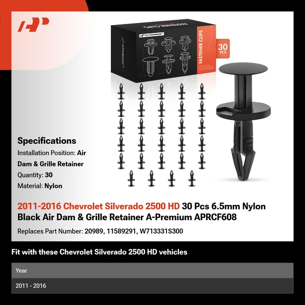 2011-2016 Chevrolet Silverado 2500 HD 30 Pcs 6.5mm Nylon Black Air Dam & Grille Retainer A-Premium APRCF608