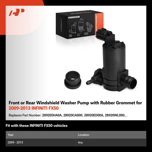 Front or Rear Windshield Washer Pump with Rubber Grommet for 2009-2013 INFINITI FX50