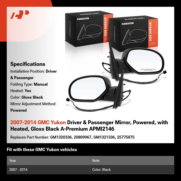 2007-2014 GMC Yukon Driver & Passenger Mirror, Powered, with Heated, Gloss Black A-Premium APMI2146