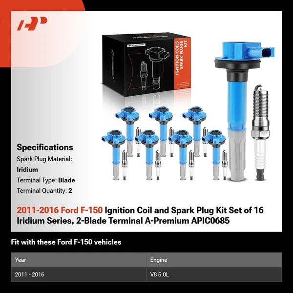 2011-2016 Ford F-150 Ignition Coil and Spark Plug Kit Set of 16 Iridium Series, 2-Blade Terminal A-Premium APIC0685
