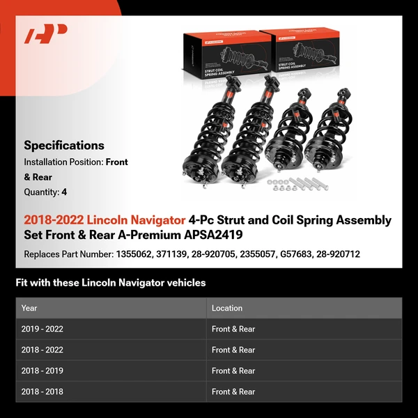 2018-2022 Lincoln Navigator 4-Pc Strut and Coil Spring Assembly Set Front & Rear A-Premium APSA2419