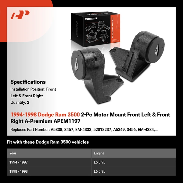 1994-1998 Dodge Ram 3500 2-Pc Motor Mount Front Left & Front Right A-Premium APEM1197