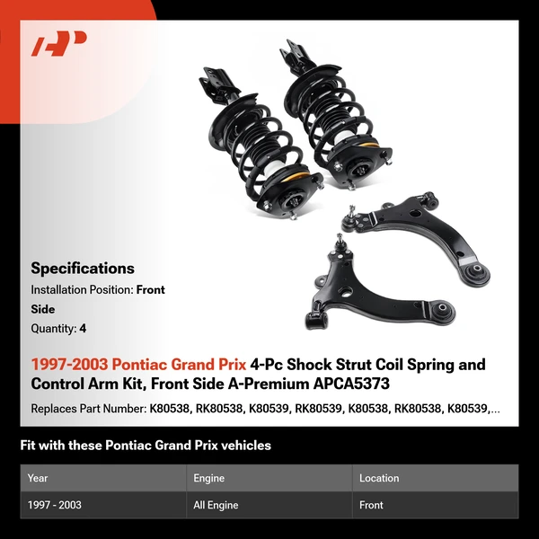 1997-2003 Pontiac Grand Prix 4-Pc Shock Strut Coil Spring and Control Arm Kit, Front Side A-Premium APCA5373