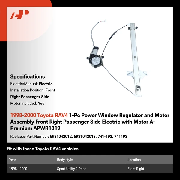 1998-2000 Toyota RAV4 1-Pc Power Window Regulator and Motor Assembly Front Right Passenger Side Electric with Motor A-Premium APWR1819