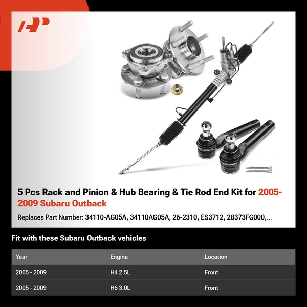 5 Pcs Rack and Pinion & Hub Bearing & Tie Rod End Kit for 2005-2009 Subaru Outback