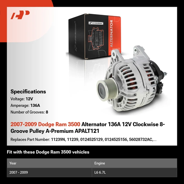 2007-2009 Dodge Ram 3500 Alternator 136A 12V Clockwise 8-Groove Pulley A-Premium APALT121