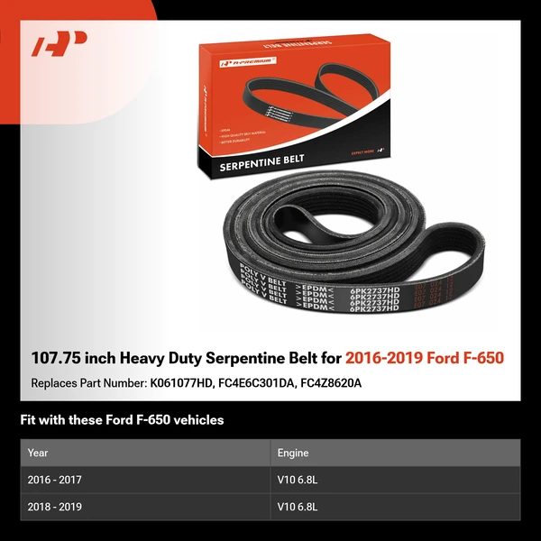 107.75 inch Heavy Duty Serpentine Belt for 2016-2019 Ford F-650