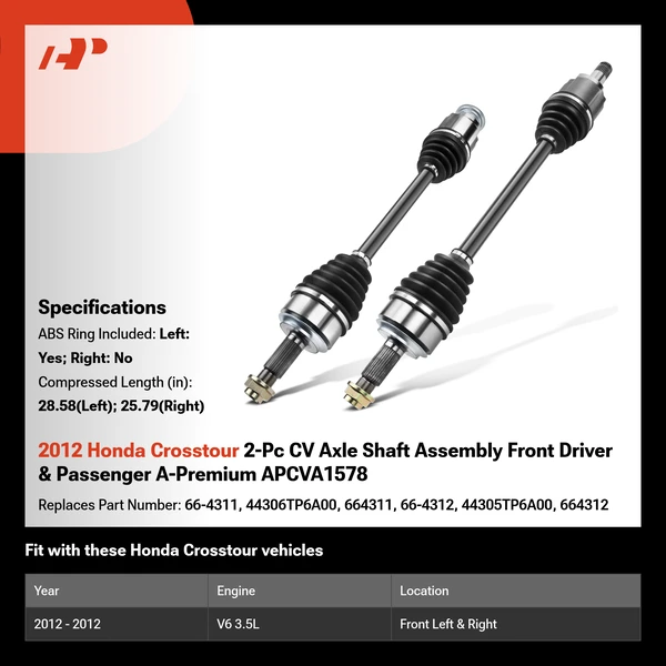 2012 Honda Crosstour 2-Pc CV Axle Shaft Assembly Front Driver & Passenger A-Premium APCVA1578