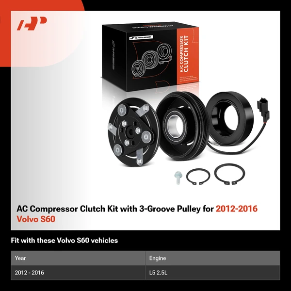 AC Compressor Clutch Kit with 3-Groove Pulley for 2012-2016 Volvo S60