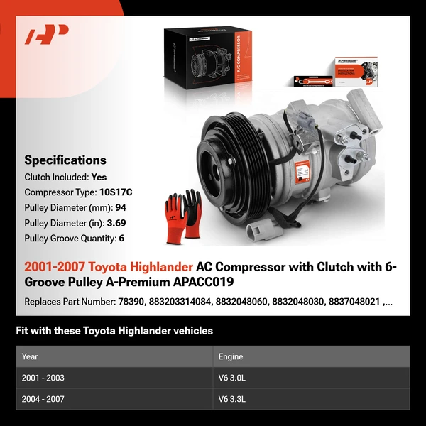 2001-2007 Toyota Highlander AC Compressor with Clutch with 6-Groove Pulley A-Premium APACC019