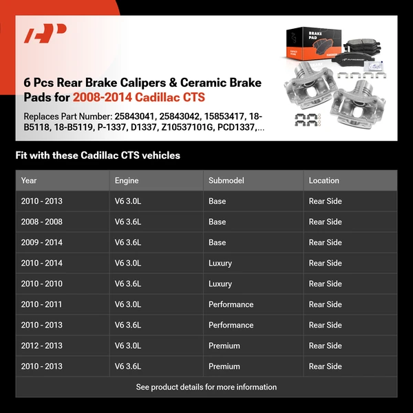 6 Pcs Rear Brake Calipers & Ceramic Brake Pads for 2008-2014 Cadillac CTS