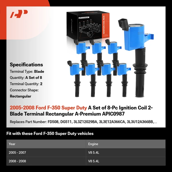 2005-2008 Ford F-350 Super Duty A Set of 8-Pc Ignition Coil 2-Blade Terminal Rectangular A-Premium APIC0987