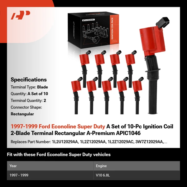 1997-1999 Ford Econoline Super Duty A Set of 10-Pc Ignition Coil 2-Blade Terminal Rectangular A-Premium APIC1046
