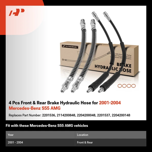 4 Pcs Front & Rear Brake Hydraulic Hose for 2001-2004 Mercedes-Benz S55 AMG