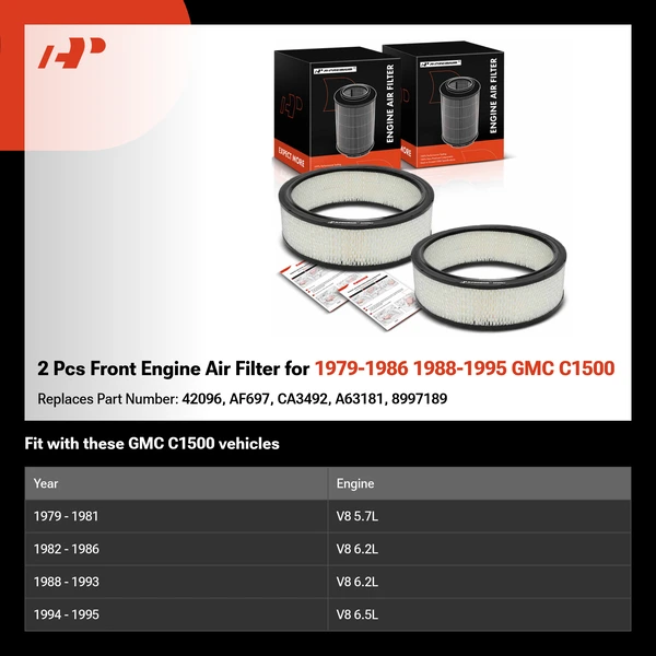 2 Pcs Front Engine Air Filter for 1979-1986 1988-1995 GMC C1500