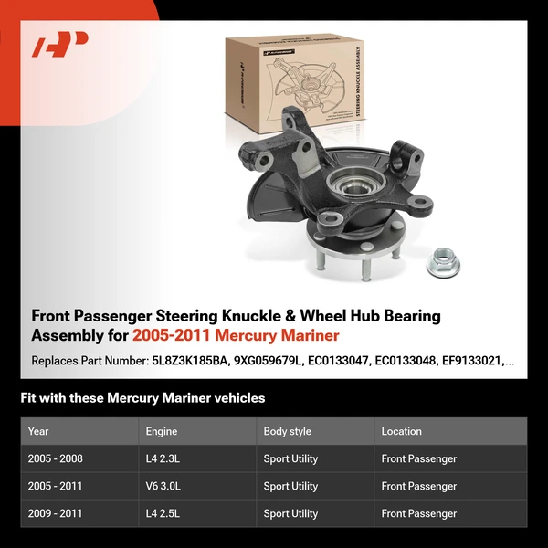 Front Passenger Steering Knuckle & Wheel Hub Bearing Assembly for 2005-2011 Mercury Mariner