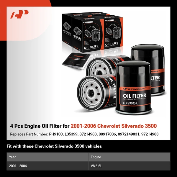 4 Pcs Engine Oil Filter for 2001-2006 Chevrolet Silverado 3500