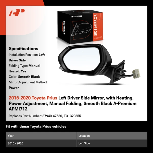 2016-2020 Toyota Prius Left Driver Side Mirror, with Heating, Power Adjustment, Manual Folding, Smooth Black A-Premium APMI712