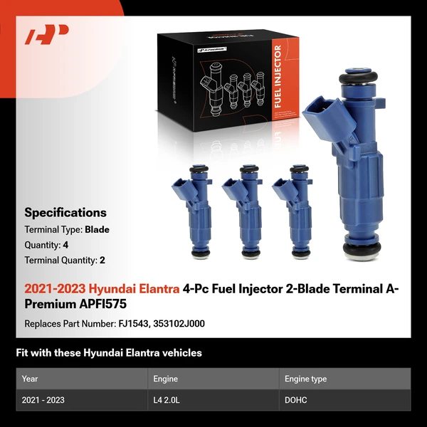 2021-2023 Hyundai Elantra 4-Pc Fuel Injector 2-Blade Terminal A-Premium APFI575