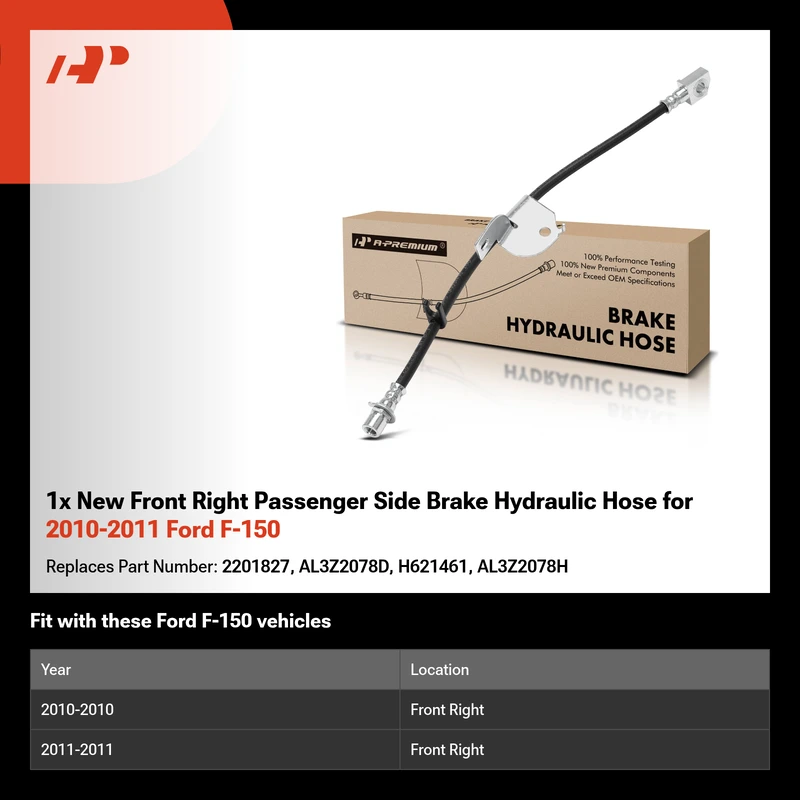 1x New Front Right Passenger Side Brake Hydraulic Hose for 2010-2011 Ford F-150