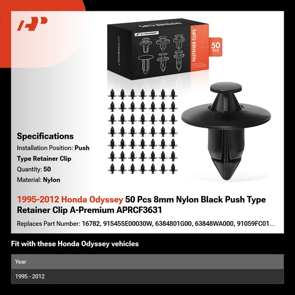 1995-2012 Honda Odyssey 50 Pcs 8mm Nylon Black Push Type Retainer Clip A-Premium APRCF3631
