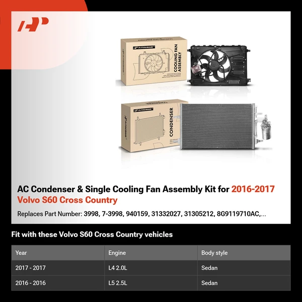 AC Condenser & Single Cooling Fan Assembly Kit for 2016-2017 Volvo S60 Cross Country